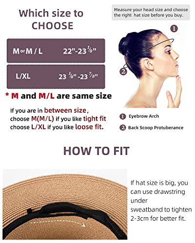 FURTALK Sun Hats for Women Men, Adjustable Summer Panama Fedora Wide Brim Hat UV UPF 50+,Foldable Packable Straw Beach Hat Beige