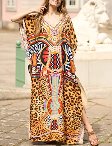 Bsubseach Green Snake Print Loose Kaftan Dress Plus Size Beach Cover Up Half Sleeve Caftan Maxi Dress for Women