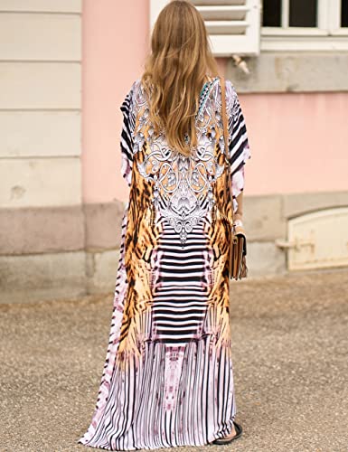 Bsubseach Green Snake Print Loose Kaftan Dress Plus Size Beach Cover Up Half Sleeve Caftan Maxi Dress for Women