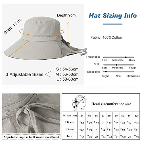 Comhats Ladies Sun Hat Foldable UPF 50 Wide Brim with Neck Protection Summer Spring UV Cotton Safari Gardening Walking Hat with Chin Strap Beige Small