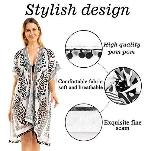 Women Beach Cover Up Kimono Cardigans Pom Pom, Boho Chiffon Sheer Lady Bikini Coverup, Swimsui Pompom Trim, Pool Cardigan Duster, Plus Size Beach Swim Wear, Bathting Suit Swimsuit Swimwear