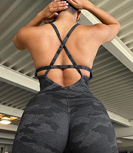 RIOJOY Backless Sports Bandage Romper Playsuit Yoga Jumpsuit for Women All in One Gym Wear