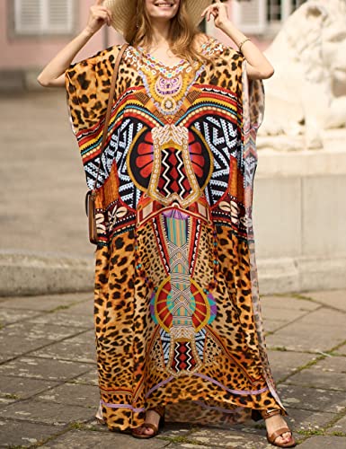 Bsubseach Green Snake Print Loose Kaftan Dress Plus Size Beach Cover Up Half Sleeve Caftan Maxi Dress for Women