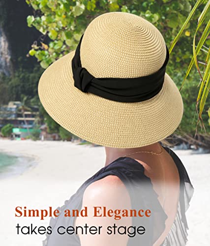 Comhats Sun Hats for Women Foldable UV Protection Large Wide Brimmed Floppy Panama Style Straw Beach Hat Fashionable Fedora Adjustable Beige