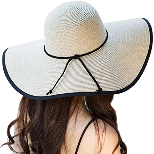 Lanzom Womens 5.5 Inches Wide Brim Straw Hat Floppy Foldable Roll up Cap Beach Sun Hat