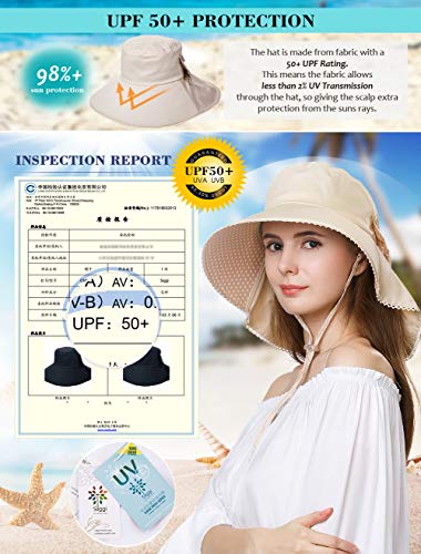 Comhats Ladies Sun Hat Foldable UPF 50 Wide Brim with Neck Protection Summer Spring UV Cotton Safari Gardening Walking Hat with Chin Strap Beige Small