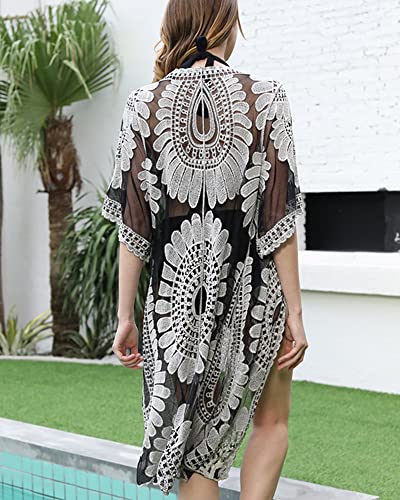 Women Swimsuit Cover Up Bathing Suit Kimono Long Beach Dress Floral Lace Bikini Swim Coverup Sun Protection Clothing