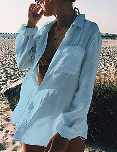 Bsubseach Long Sleeve Beach Shirt Blouses Women Turn Down Collar Bikini Bathing Suit Cover Ups Swimwear Apricot