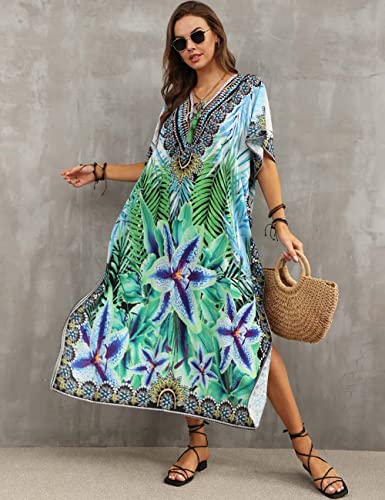 Bsubseach Green Snake Print Loose Kaftan Dress Plus Size Beach Cover Up Half Sleeve Caftan Maxi Dress for Women