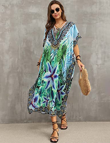 Bsubseach Green Snake Print Loose Kaftan Dress Plus Size Beach Cover Up Half Sleeve Caftan Maxi Dress for Women