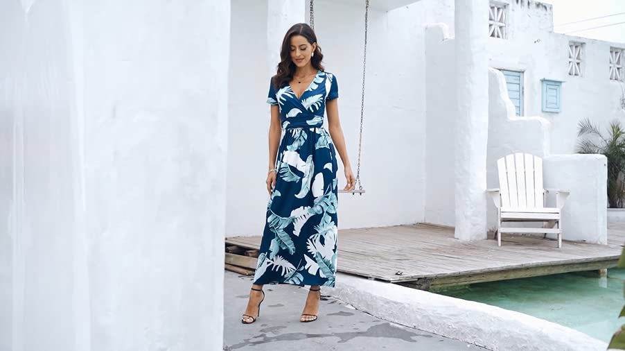 PCEAIIH Women's Maxi Dress Casual Deep V Short Sleeve Floral Ladies Wrap Long Dress with Pockets