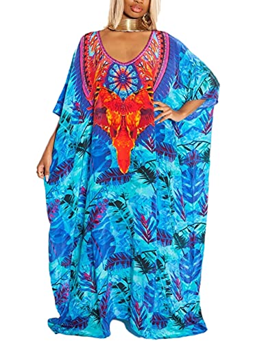 Bsubseach Green Snake Print Loose Kaftan Dress Plus Size Beach Cover Up Half Sleeve Caftan Maxi Dress for Women