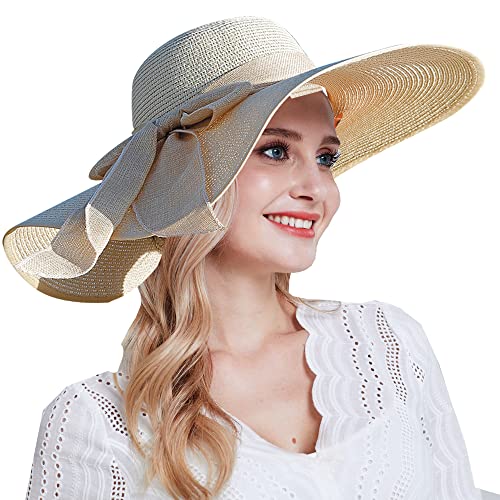 Lanzom Womens 5.5 Inches Wide Brim Straw Hat Floppy Foldable Roll up Cap Beach Sun Hat