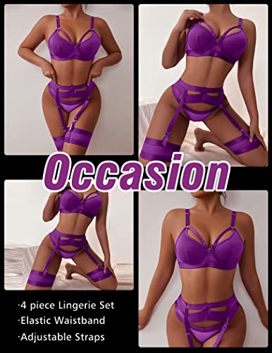 popiv Sexy Lingerie Set for Women 4 Piece Bra and Panty Set with Garter Belt Strappy Lingerie Set with Thigh Cuffs