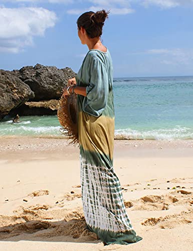 Bsubseach Green Snake Print Loose Kaftan Dress Plus Size Beach Cover Up Half Sleeve Caftan Maxi Dress for Women