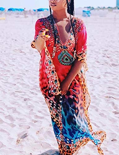 Bsubseach Chiffon Print Shirt Dress Beach Cover Up Loose Turn Down Collar Long Sleeve Bikini Kaftan Cover Ups for Swimwear Women