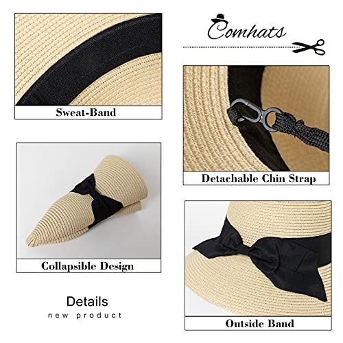 Comhats Sun Hats for Women Foldable UV Protection Large Wide Brimmed Floppy Panama Style Straw Beach Hat Fashionable Fedora Adjustable Beige