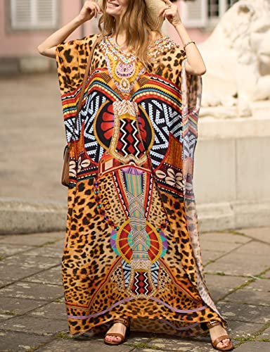 Bsubseach Green Snake Print Loose Kaftan Dress Plus Size Beach Cover Up Half Sleeve Caftan Maxi Dress for Women