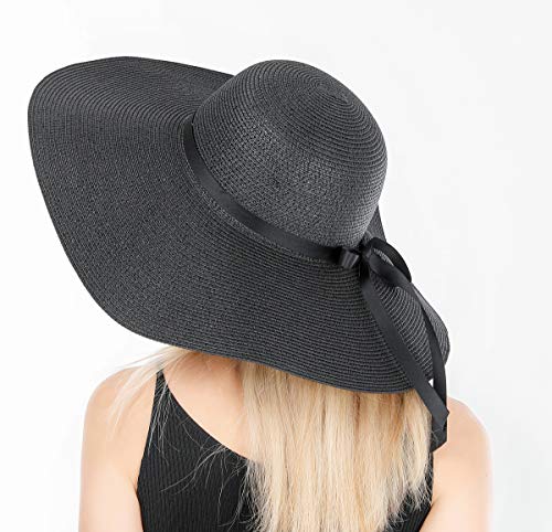 Lanzom Womens 5.5 Inches Wide Brim Straw Hat Floppy Foldable Roll up Cap Beach Sun Hat