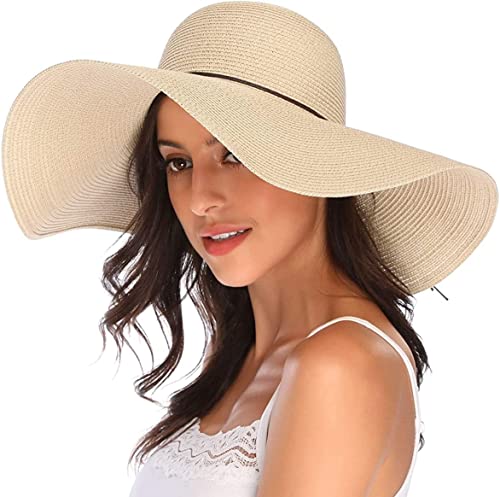 Lanzom Womens 5.5 Inches Wide Brim Straw Hat Floppy Foldable Roll up Cap Beach Sun Hat