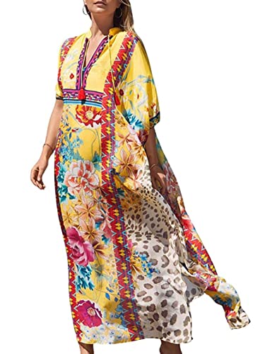 Bsubseach Green Snake Print Loose Kaftan Dress Plus Size Beach Cover Up Half Sleeve Caftan Maxi Dress for Women