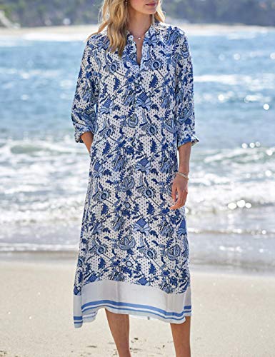 Bsubseach Chiffon Print Shirt Dress Beach Cover Up Loose Turn Down Collar Long Sleeve Bikini Kaftan Cover Ups for Swimwear Women