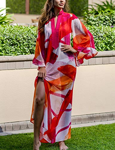 Bsubseach Chiffon Print Shirt Dress Beach Cover Up Loose Turn Down Collar Long Sleeve Bikini Kaftan Cover Ups for Swimwear Women