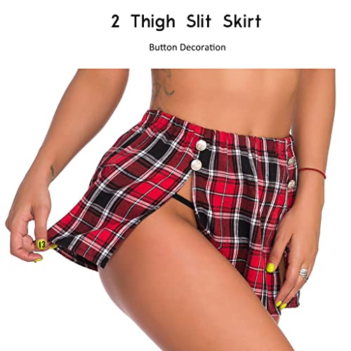ROSVAJFY Women Sexy Cosplay Lingerie Outfit Set 2 Pcs Costume Preppy Style Shirt Skirt Tie Naughty Wear Button Design Side Split Mini Plaid Fancy Dress Uniform for Party Club Halloween White-Green