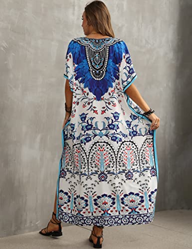 Bsubseach Green Snake Print Loose Kaftan Dress Plus Size Beach Cover Up Half Sleeve Caftan Maxi Dress for Women