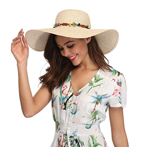 Lanzom Womens 5.5 Inches Wide Brim Straw Hat Floppy Foldable Roll up Cap Beach Sun Hat