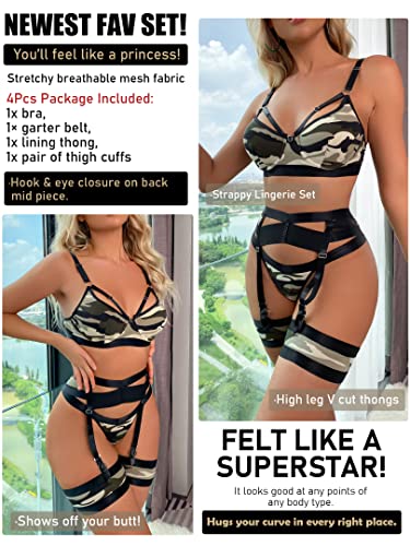 popiv Sexy Lingerie Set for Women 4 Piece Bra and Panty Set with Garter Belt Strappy Lingerie Set with Thigh Cuffs