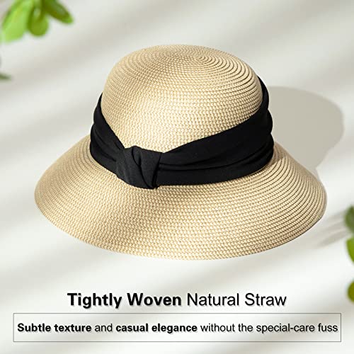 Comhats Sun Hats for Women Foldable UV Protection Large Wide Brimmed Floppy Panama Style Straw Beach Hat Fashionable Fedora Adjustable Beige