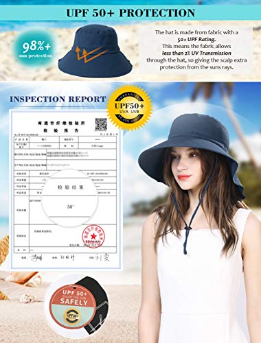Comhats Ladies Sun Hat Foldable UPF 50 Wide Brim with Neck Protection Summer Spring UV Cotton Safari Gardening Walking Hat with Chin Strap Beige Small