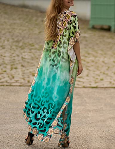 Bsubseach Green Snake Print Loose Kaftan Dress Plus Size Beach Cover Up Half Sleeve Caftan Maxi Dress for Women