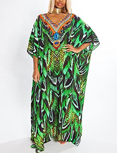 Bsubseach Green Snake Print Loose Kaftan Dress Plus Size Beach Cover Up Half Sleeve Caftan Maxi Dress for Women