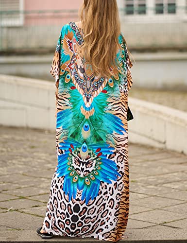 Bsubseach Green Snake Print Loose Kaftan Dress Plus Size Beach Cover Up Half Sleeve Caftan Maxi Dress for Women
