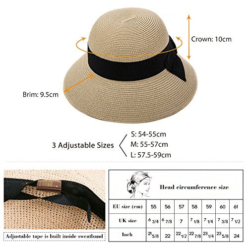 Comhats Sun Hats for Women Foldable UV Protection Large Wide Brimmed Floppy Panama Style Straw Beach Hat Fashionable Fedora Adjustable Beige