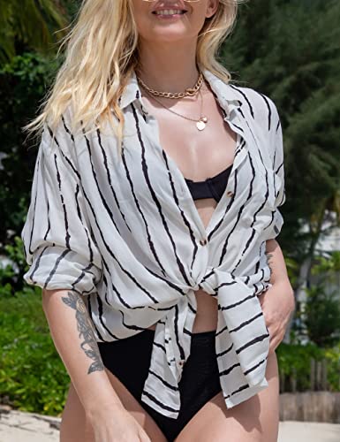 Bsubseach Long Sleeve Beach Shirt Blouses Women Turn Down Collar Bikini Bathing Suit Cover Ups Swimwear Apricot