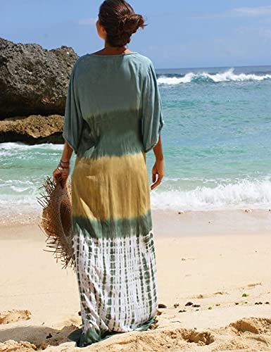 Bsubseach Green Snake Print Loose Kaftan Dress Plus Size Beach Cover Up Half Sleeve Caftan Maxi Dress for Women