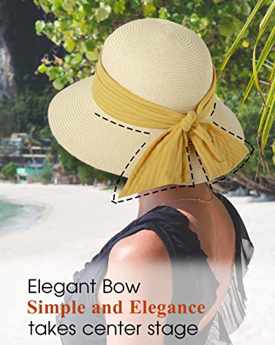 Comhats Sun Hats for Women Foldable UV Protection Large Wide Brimmed Floppy Panama Style Straw Beach Hat Fashionable Fedora Adjustable Beige