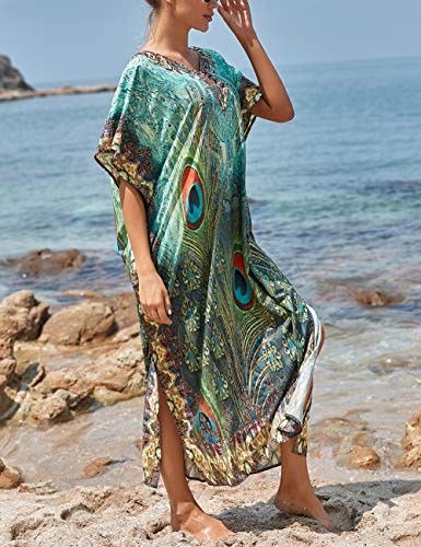 Bsubseach Green Snake Print Loose Kaftan Dress Plus Size Beach Cover Up Half Sleeve Caftan Maxi Dress for Women