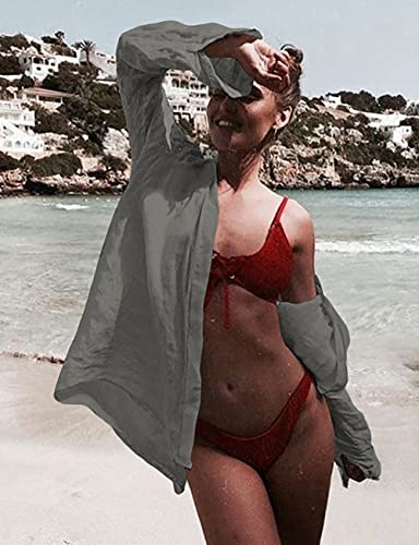 Bsubseach Long Sleeve Beach Shirt Blouses Women Turn Down Collar Bikini Bathing Suit Cover Ups Swimwear Apricot