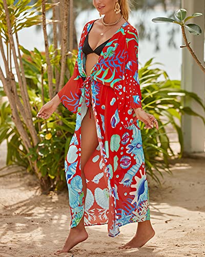Women Swimsuit Cover Up Bathing Suit Kimono Long Beach Dress Floral Lace Bikini Swim Coverup Sun Protection Clothing