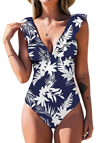 CUPSHE Women One Piece Swimsuit Ruffled Lace Up Beach Swimwear Tummy Control Swimming Costume Bathing Suit