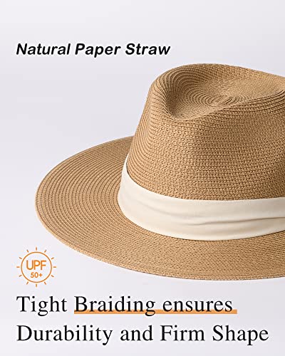 FURTALK Sun Hats for Women Men, Adjustable Summer Panama Fedora Wide Brim Hat UV UPF 50+,Foldable Packable Straw Beach Hat Beige