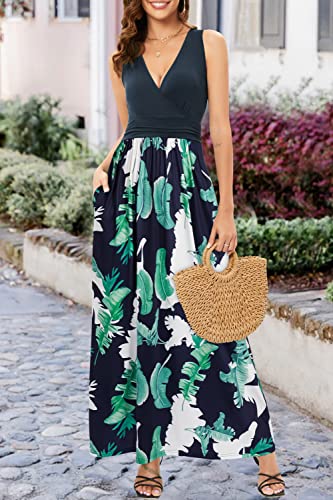 OUGES Women's Summer Casual V Neck Short Sleeve Floral Pattern Wrap Ladies Maxi Long Dress with Pockets
