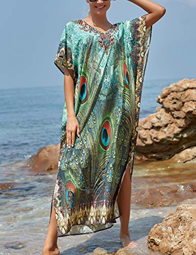 Bsubseach Green Snake Print Loose Kaftan Dress Plus Size Beach Cover Up Half Sleeve Caftan Maxi Dress for Women