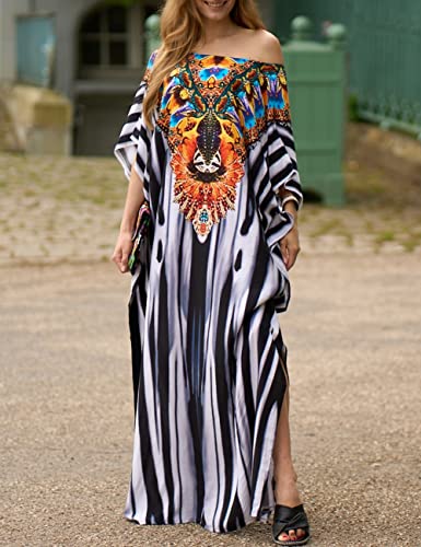 Bsubseach Green Snake Print Loose Kaftan Dress Plus Size Beach Cover Up Half Sleeve Caftan Maxi Dress for Women