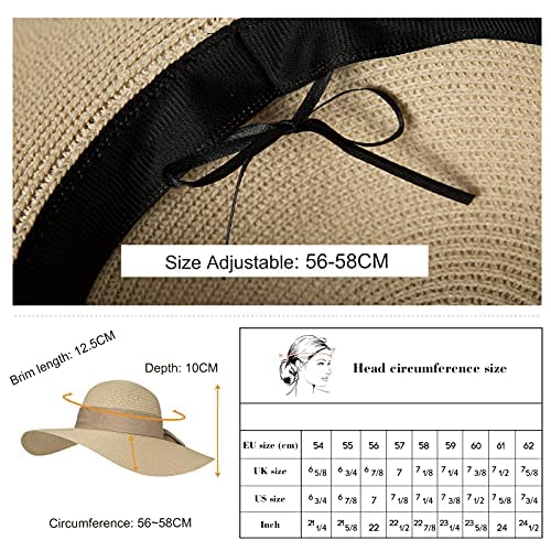 Comhats Sun Hats for Women Foldable UV Protection Large Wide Brimmed Floppy Panama Style Straw Beach Hat Fashionable Fedora Adjustable Beige