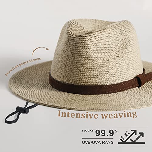 FURTALK Sun Hats for Women Men, Adjustable Summer Panama Fedora Wide Brim Hat UV UPF 50+,Foldable Packable Straw Beach Hat Beige